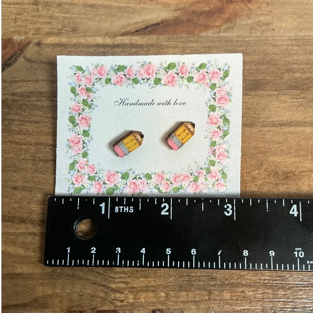 Handmade Pencil Stud Earrings Women OS Yellow Pink Wood Back to School Teacher